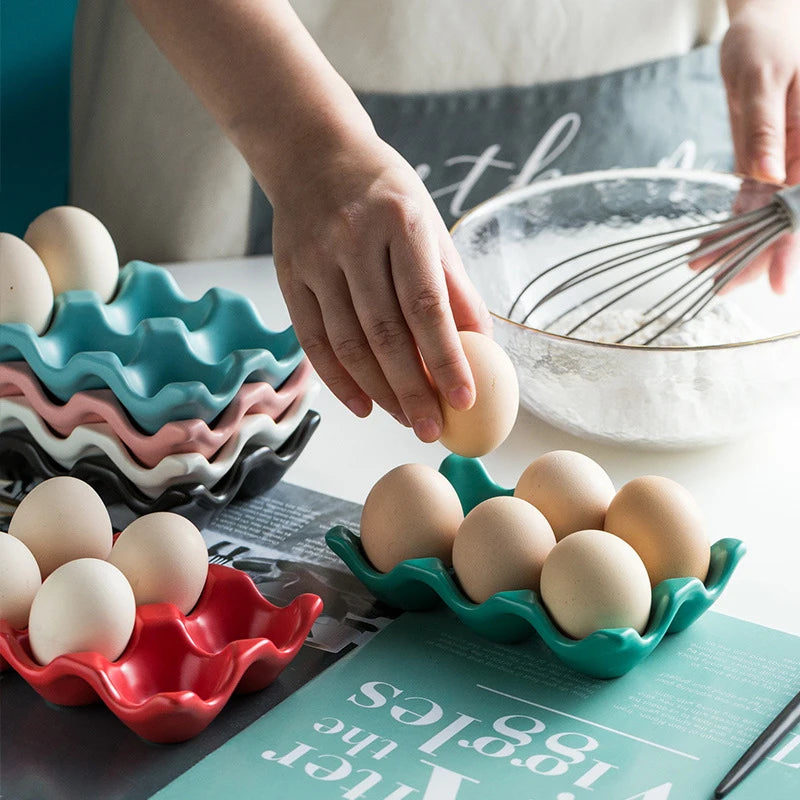 Ceramic Egg Tray, Half Dozen Egg Holder for Fridge, Countertop Display