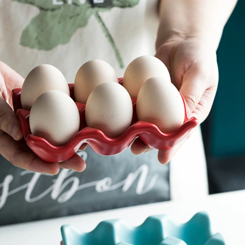 Ceramic Egg Tray, Half Dozen Egg Holder for Fridge, Countertop Display